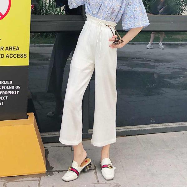 レディース　リネン　ワイドレッグパンツ　ハイウエスト　シンプル　ゆったり　ボトムス　カジュアル　キュート　可愛い　フェミニン　きれいめ　エレガント　おしゃれ　お出かけ　オフィス　デイリー　普段着　ホワイト　白　フリーサイズ　ワンサイズ　送料無料