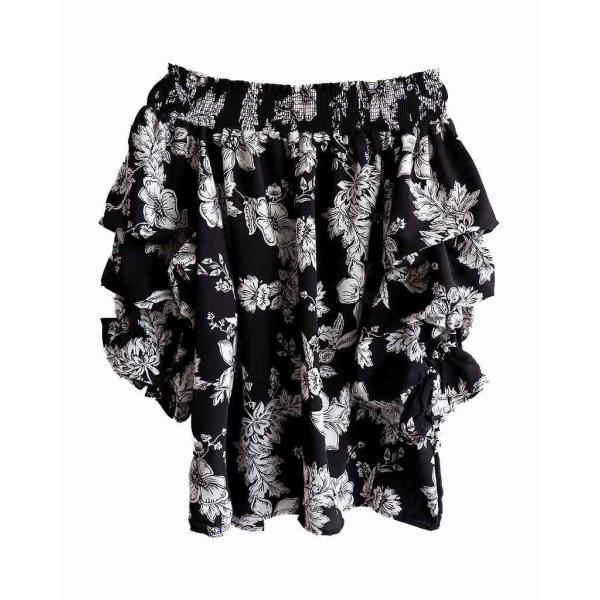 レディース　肩出し　肩見せ　オフショルダー　ブラウス　花柄　ボタニカル柄　トップス　カジュアル　キュート　可愛い　フェミニン　きれいめ　上品　エレガント　おしゃれ　お出かけ　オフィス　デート　デイリー　ホワイト　ブラック　フリーサイズ　送料無料