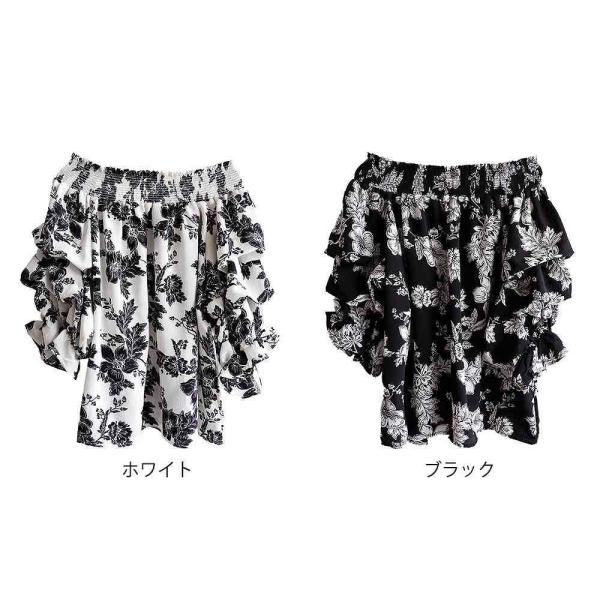 レディース　肩出し　肩見せ　オフショルダー　ブラウス　花柄　ボタニカル柄　トップス　カジュアル　キュート　可愛い　フェミニン　きれいめ　上品　エレガント　おしゃれ　お出かけ　オフィス　デート　デイリー　ホワイト　ブラック　フリーサイズ　送料無料