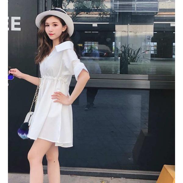 レディース　ワンピース　シャツワンピ　Vネック　腰紐　ミニ丈　半袖　ハイウエスト　スカート　カジュアル　キュート　可愛い　フェミニン　きれいめ　上品　エレガント　おしゃれ　お出かけ　お呼ばれ　ホワイト　イエロー　フリーサイズ　ワンサイズ　送料無料