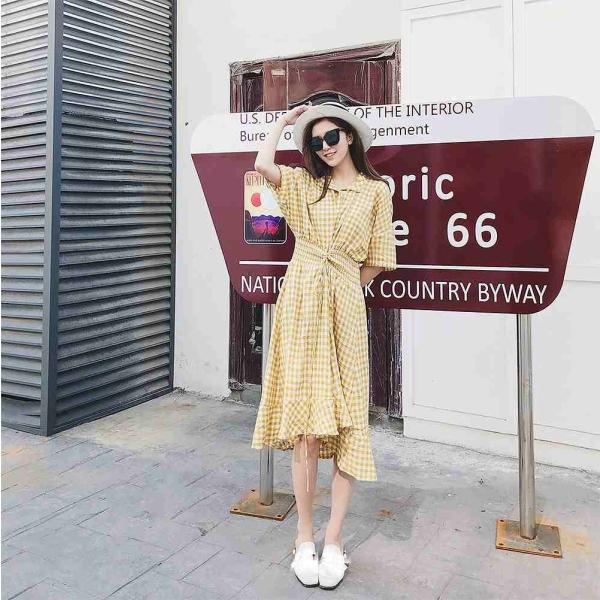 レディース　ワンピース　ギンガムチェック柄　腰紐　ミディ丈　五分袖　ハイウエスト　スカート　カジュアル　キュート　可愛い　フェミニン　きれいめ　上品　エレガント　おしゃれ　お出かけ　お呼ばれ　ブラック　イエロー　フリーサイズ　ワンサイズ　送料無料