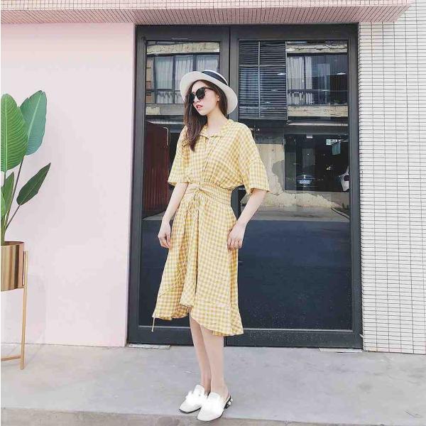 レディース　ワンピース　ギンガムチェック柄　腰紐　ミディ丈　五分袖　ハイウエスト　スカート　カジュアル　キュート　可愛い　フェミニン　きれいめ　上品　エレガント　おしゃれ　お出かけ　お呼ばれ　ブラック　イエロー　フリーサイズ　ワンサイズ　送料無料