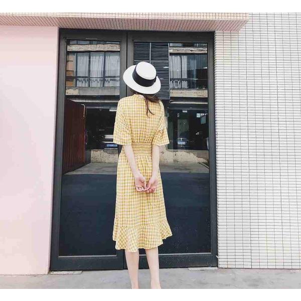 レディース　ワンピース　ギンガムチェック柄　腰紐　ミディ丈　五分袖　ハイウエスト　スカート　カジュアル　キュート　可愛い　フェミニン　きれいめ　上品　エレガント　おしゃれ　お出かけ　お呼ばれ　ブラック　イエロー　フリーサイズ　ワンサイズ　送料無料
