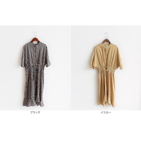 レディース　ワンピース　ギンガムチェック柄　腰紐　ミディ丈　五分袖　ハイウエスト　スカート　カジュアル　キュート　可愛い　フェミニン　きれいめ　上品　エレガント　おしゃれ　お出かけ　お呼ばれ　ブラック　イエロー　フリーサイズ　ワンサイズ　送料無料