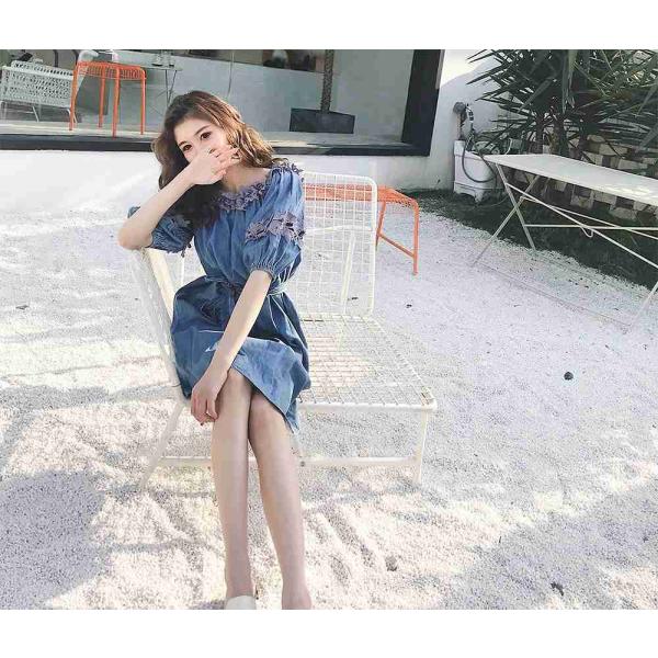 レディース　ワンピース　肩出し　肩見せ　オフショルダー　ミディ丈　パフスリーブ　五分袖　ハイウエスト　アシンメトリー　スカート　カジュアル　キュート　可愛い　フェミニン　きれいめ　上品　エレガント　おしゃれ　お出かけ　お呼ばれ　ブルー　送料無料