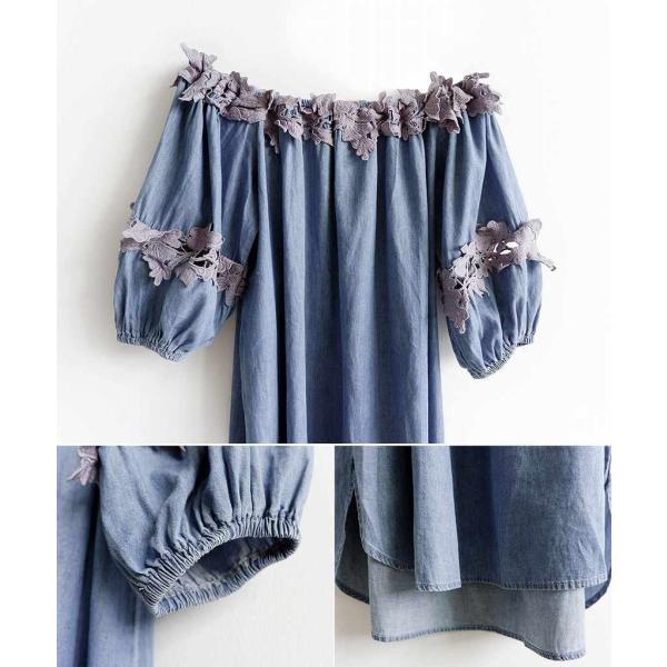 レディース　ワンピース　肩出し　肩見せ　オフショルダー　ミディ丈　パフスリーブ　五分袖　ハイウエスト　アシンメトリー　スカート　カジュアル　キュート　可愛い　フェミニン　きれいめ　上品　エレガント　おしゃれ　お出かけ　お呼ばれ　ブルー　送料無料