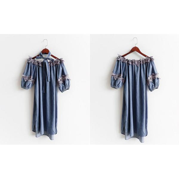 レディース　ワンピース　肩出し　肩見せ　オフショルダー　ミディ丈　パフスリーブ　五分袖　ハイウエスト　アシンメトリー　スカート　カジュアル　キュート　可愛い　フェミニン　きれいめ　上品　エレガント　おしゃれ　お出かけ　お呼ばれ　ブルー　送料無料