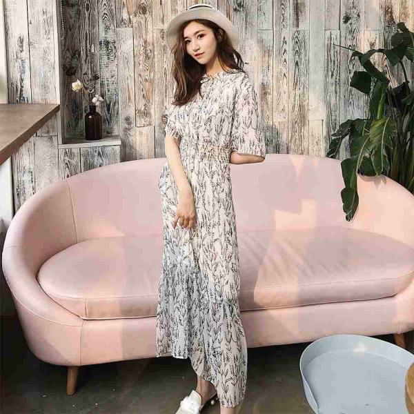 レディース　シフォン　ワンピース　ロング丈　半袖　ボタニカル柄　ハイウエスト　アシンメトリー　スカート　カジュアル　キュート　可愛い　フェミニン　きれいめ　上品　エレガント　おしゃれ　お出かけ　お呼ばれ　ブラック　ホワイト　フリーサイズ　送料無料