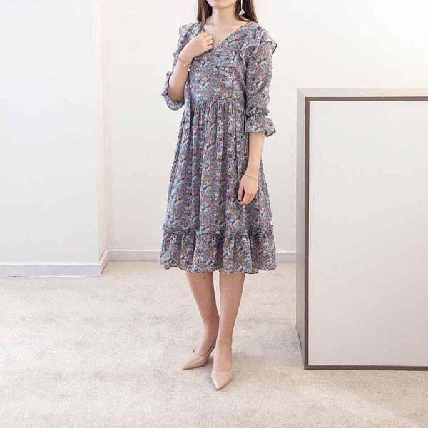 レディース　シフォン　Vネック　ワンピース　キャンディスリーブ　ミディ丈　花柄　ボタニカル柄　ハイウエスト　フレア　スカート　カジュアル　キュート　可愛い　フェミニン　きれいめ　上品　エレガント　おしゃれ　お出かけ　お呼ばれ　フリーサイズ　送料無料