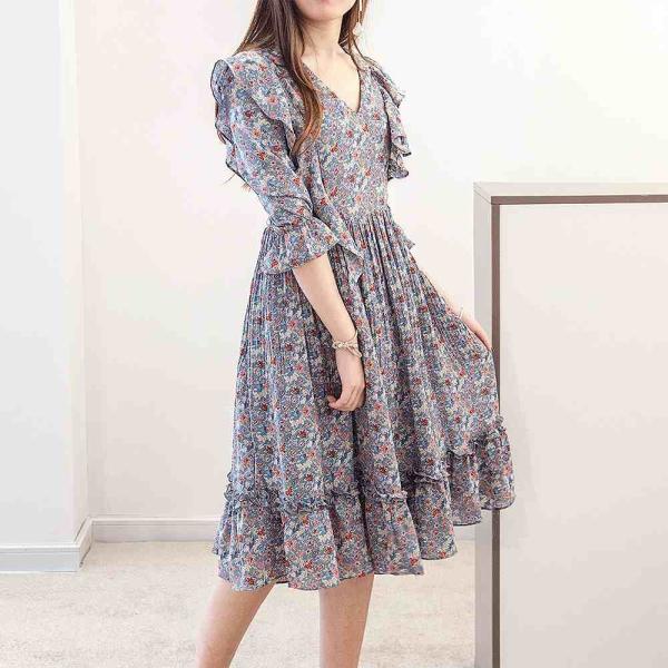 レディース　シフォン　Vネック　ワンピース　キャンディスリーブ　ミディ丈　花柄　ボタニカル柄　ハイウエスト　フレア　スカート　カジュアル　キュート　可愛い　フェミニン　きれいめ　上品　エレガント　おしゃれ　お出かけ　お呼ばれ　フリーサイズ　送料無料