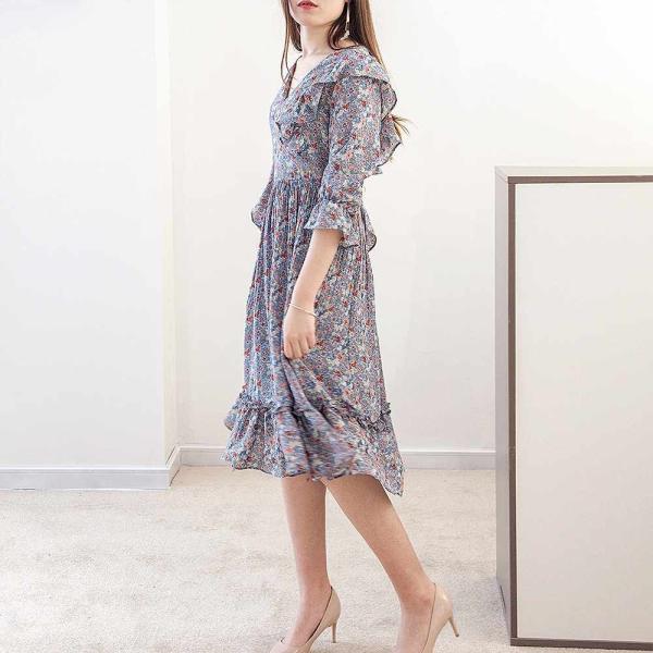 レディース　シフォン　Vネック　ワンピース　キャンディスリーブ　ミディ丈　花柄　ボタニカル柄　ハイウエスト　フレア　スカート　カジュアル　キュート　可愛い　フェミニン　きれいめ　上品　エレガント　おしゃれ　お出かけ　お呼ばれ　フリーサイズ　送料無料