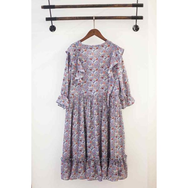 レディース　シフォン　Vネック　ワンピース　キャンディスリーブ　ミディ丈　花柄　ボタニカル柄　ハイウエスト　フレア　スカート　カジュアル　キュート　可愛い　フェミニン　きれいめ　上品　エレガント　おしゃれ　お出かけ　お呼ばれ　フリーサイズ　送料無料