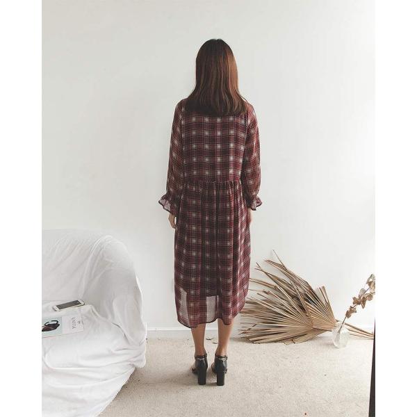 レディース　ワンピース　チェック柄　ミモレ丈　キャンディスリーブ　ハイウエスト　フレア　長袖　スカート　カジュアル　キュート　可愛い　フェミニン　きれいめ　上品　エレガント　おしゃれ　お出かけ　お呼ばれ　レッド　ネイビー　フリーサイズ　送料無料