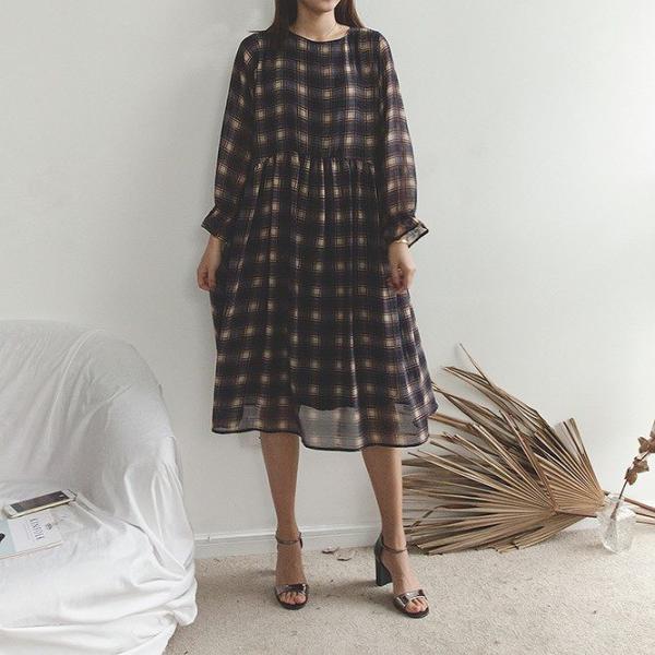 レディース　ワンピース　チェック柄　ミモレ丈　キャンディスリーブ　ハイウエスト　フレア　長袖　スカート　カジュアル　キュート　可愛い　フェミニン　きれいめ　上品　エレガント　おしゃれ　お出かけ　お呼ばれ　レッド　ネイビー　フリーサイズ　送料無料