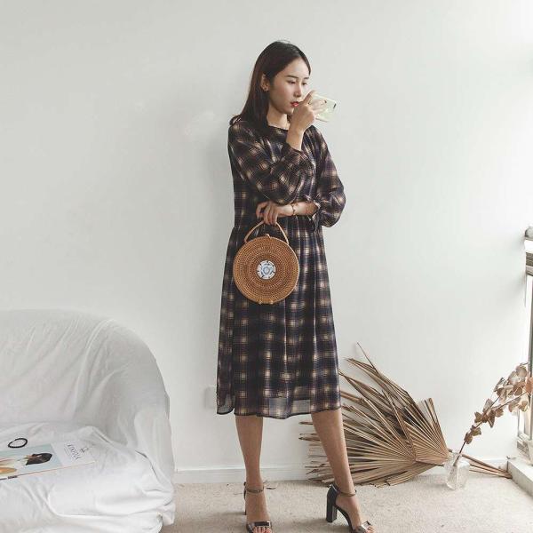 レディース　ワンピース　チェック柄　ミモレ丈　キャンディスリーブ　ハイウエスト　フレア　長袖　スカート　カジュアル　キュート　可愛い　フェミニン　きれいめ　上品　エレガント　おしゃれ　お出かけ　お呼ばれ　レッド　ネイビー　フリーサイズ　送料無料