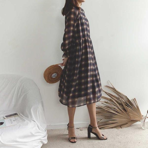 レディース　ワンピース　チェック柄　ミモレ丈　キャンディスリーブ　ハイウエスト　フレア　長袖　スカート　カジュアル　キュート　可愛い　フェミニン　きれいめ　上品　エレガント　おしゃれ　お出かけ　お呼ばれ　レッド　ネイビー　フリーサイズ　送料無料
