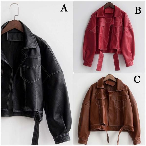 レディース　PUレザー　ジャケット　ショート丈　アウター　カジュアル　長袖　キュート　大人　可愛い　フェミニン　きれいめ　エレガント　おしゃれ　お出かけ　お呼ばれ　デイリー　オフィス　普段着　ブラック　ブラウン　レッド　S　M　サイズ　送料無料