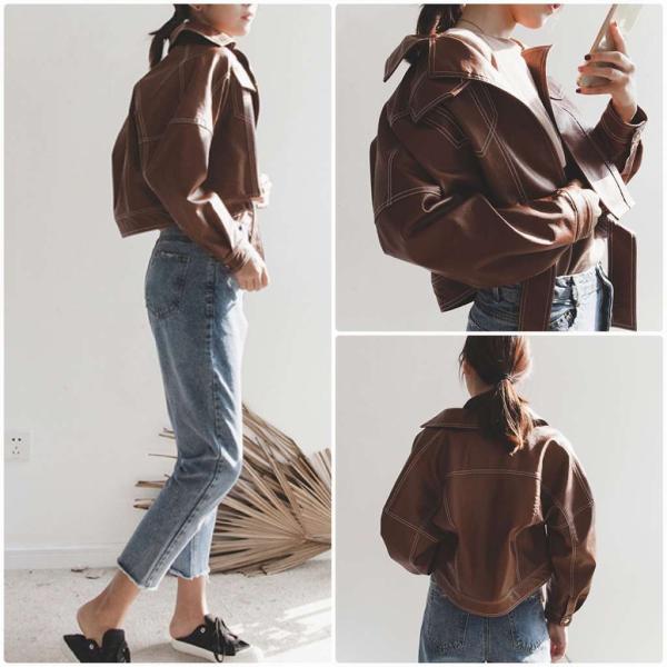 レディース　PUレザー　ジャケット　ショート丈　アウター　カジュアル　長袖　キュート　大人　可愛い　フェミニン　きれいめ　エレガント　おしゃれ　お出かけ　お呼ばれ　デイリー　オフィス　普段着　ブラック　ブラウン　レッド　S　M　サイズ　送料無料