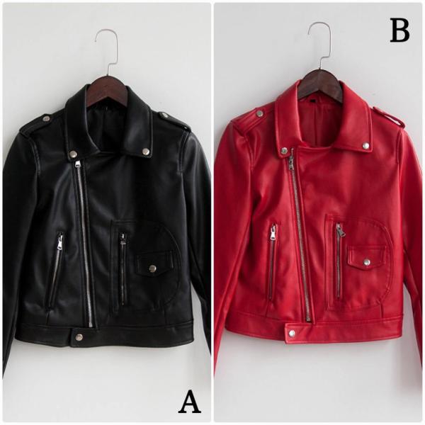 レディース　PUレザー　ジャケット　ライダースジャケット　アウター　カジュアル　長袖　キュート　大人　可愛い　フェミニン　きれいめ　エレガント　おしゃれ　お出かけ　お呼ばれ　デイリー　オフィス　普段着　ブラック　レッド　M　L　サイズ　送料無料