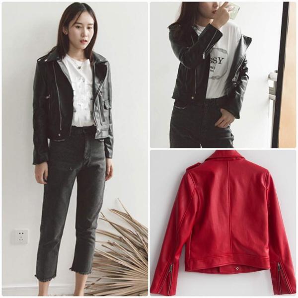 レディース　PUレザー　ジャケット　ライダースジャケット　アウター　カジュアル　長袖　キュート　大人　可愛い　フェミニン　きれいめ　エレガント　おしゃれ　お出かけ　お呼ばれ　デイリー　オフィス　普段着　ブラック　レッド　M　L　サイズ　送料無料