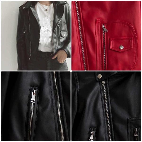 レディース　PUレザー　ジャケット　ライダースジャケット　アウター　カジュアル　長袖　キュート　大人　可愛い　フェミニン　きれいめ　エレガント　おしゃれ　お出かけ　お呼ばれ　デイリー　オフィス　普段着　ブラック　レッド　M　L　サイズ　送料無料