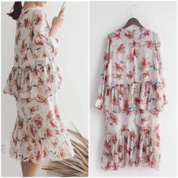 レディース　シフォン　ワンピース　フリル　フレア　ぺプラムスカート　花柄　ボタニカル柄　ミディ丈　長袖　スカート　カジュアル　キュート　可愛い　フェミニン　きれいめ　上品　エレガント　おしゃれ　お出かけ　お呼ばれ　ベージュ　グリーン　送料無料