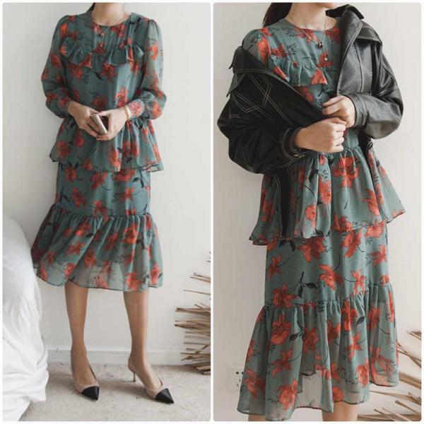 レディース　シフォン　ワンピース　フリル　フレア　ぺプラムスカート　花柄　ボタニカル柄　ミディ丈　長袖　スカート　カジュアル　キュート　可愛い　フェミニン　きれいめ　上品　エレガント　おしゃれ　お出かけ　お呼ばれ　ベージュ　グリーン　送料無料