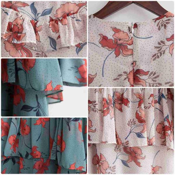 レディース　シフォン　ワンピース　フリル　フレア　ぺプラムスカート　花柄　ボタニカル柄　ミディ丈　長袖　スカート　カジュアル　キュート　可愛い　フェミニン　きれいめ　上品　エレガント　おしゃれ　お出かけ　お呼ばれ　ベージュ　グリーン　送料無料