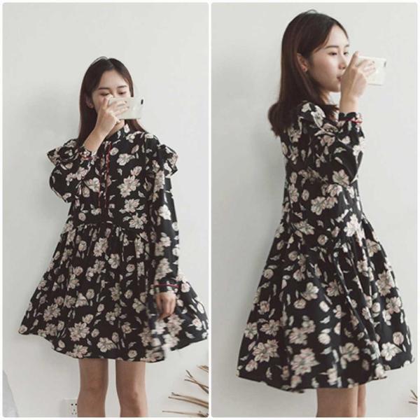 レディース　ワンピース　ハイウエスト　ミニ丈　フリル　フレア　長袖　スカート　カジュアル　キュート　可愛い　フェミニン　きれいめ　上品　エレガント　おしゃれ　お出かけ　お呼ばれ　ブラック　フリーサイズ　ワンサイズ　送料無料