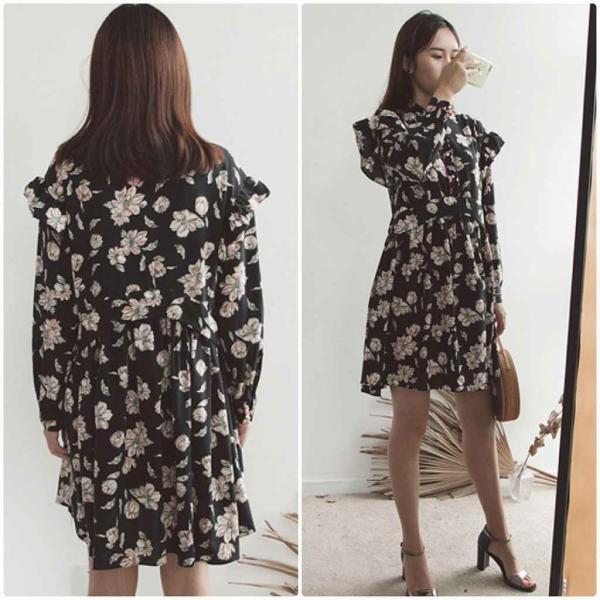 レディース　ワンピース　ハイウエスト　ミニ丈　フリル　フレア　長袖　スカート　カジュアル　キュート　可愛い　フェミニン　きれいめ　上品　エレガント　おしゃれ　お出かけ　お呼ばれ　ブラック　フリーサイズ　ワンサイズ　送料無料