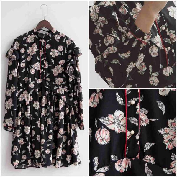 レディース　ワンピース　ハイウエスト　ミニ丈　フリル　フレア　長袖　スカート　カジュアル　キュート　可愛い　フェミニン　きれいめ　上品　エレガント　おしゃれ　お出かけ　お呼ばれ　ブラック　フリーサイズ　ワンサイズ　送料無料