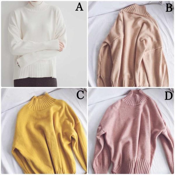 レディース　ハイネック　ニット　セーター　プルオーバー　カットソー　長袖　シンプル　トップス　カジュアル　キュート　大人　可愛い　フェミニン　おしゃれ　お出かけ　オフィス　デイリー　普段着　ホワイト　ピンク　イエロー　ベージュ　フリーサイズ　送料無料