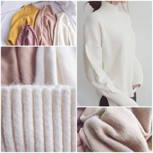 レディース　ハイネック　ニット　セーター　プルオーバー　カットソー　長袖　シンプル　トップス　カジュアル　キュート　大人　可愛い　フェミニン　おしゃれ　お出かけ　オフィス　デイリー　普段着　ホワイト　ピンク　イエロー　ベージュ　フリーサイズ　送料無料