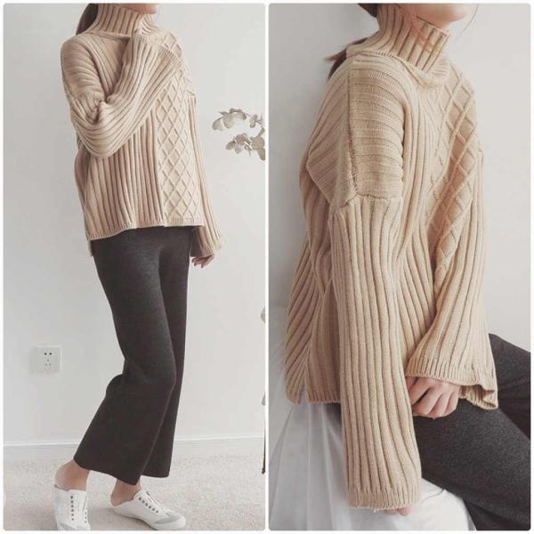 レディース　ハイネック　ニット　セーター　プルオーバー　カットソー　長袖　シンプル　トップス　カジュアル　キュート　大人　可愛い　フェミニン　おしゃれ　お出かけ　オフィス　デイリー　普段着　オリーブ　ブラウン　ベージュ　ブラック　フリーサイズ　送料無料