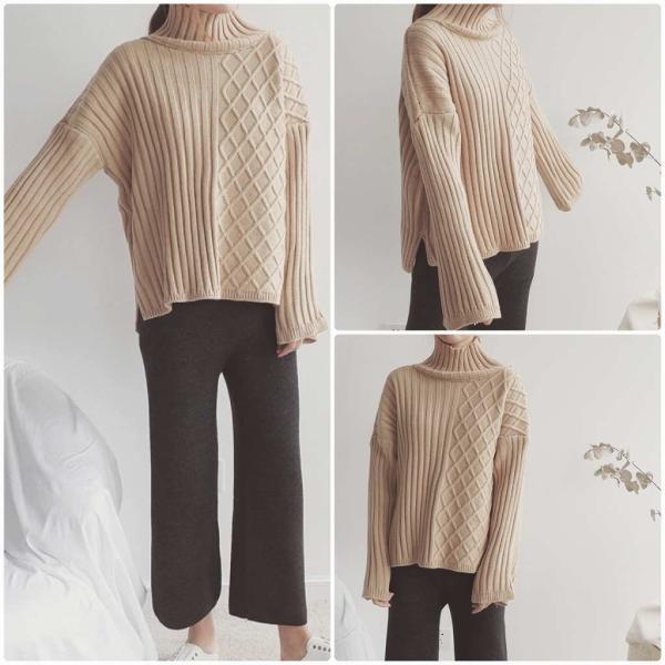 レディース　ハイネック　ニット　セーター　プルオーバー　カットソー　長袖　シンプル　トップス　カジュアル　キュート　大人　可愛い　フェミニン　おしゃれ　お出かけ　オフィス　デイリー　普段着　オリーブ　ブラウン　ベージュ　ブラック　フリーサイズ　送料無料