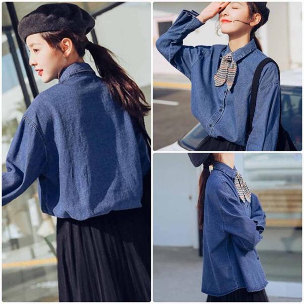 レディース　デニムシャツ　ブラウス　リボン付き　フレスリーブ　長袖　シャツ　トップス　カジュアル　キュート　可愛い　フェミニン　きれいめ　上品　エレガント　おしゃれ　お出かけ　オフィス　デート　デイリー　ネイビー　S　M　L　サイズ　送料無料
