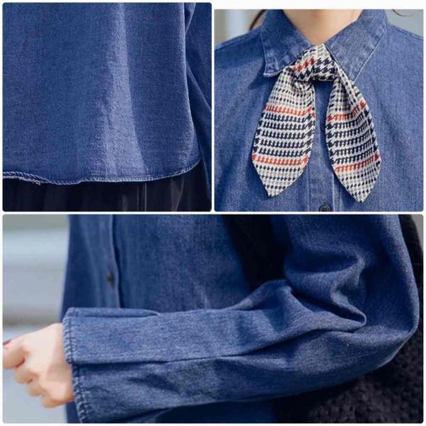 レディース　デニムシャツ　ブラウス　リボン付き　フレスリーブ　長袖　シャツ　トップス　カジュアル　キュート　可愛い　フェミニン　きれいめ　上品　エレガント　おしゃれ　お出かけ　オフィス　デート　デイリー　ネイビー　S　M　L　サイズ　送料無料
