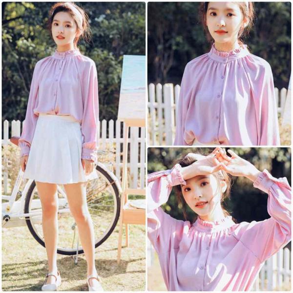 レディース　シフォン　ブラウス　フリル　フレア　長袖　シンプル　シャツ　トップス　カジュアル　キュート　可愛い　フェミニン　きれいめ　上品　エレガント　おしゃれ　お出かけ　オフィス　デート　デイリー　ホワイト　ピンク　S　M　L　サイズ　送料無料