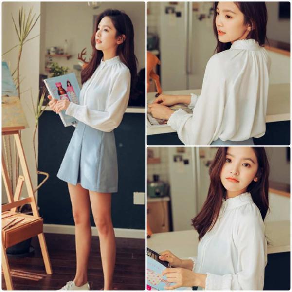 レディース　シフォン　ブラウス　フリル　フレア　長袖　シンプル　シャツ　トップス　カジュアル　キュート　可愛い　フェミニン　きれいめ　上品　エレガント　おしゃれ　お出かけ　オフィス　デート　デイリー　ホワイト　ピンク　S　M　L　サイズ　送料無料