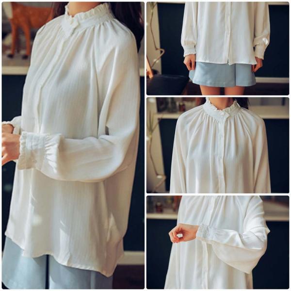 レディース　シフォン　ブラウス　フリル　フレア　長袖　シンプル　シャツ　トップス　カジュアル　キュート　可愛い　フェミニン　きれいめ　上品　エレガント　おしゃれ　お出かけ　オフィス　デート　デイリー　ホワイト　ピンク　S　M　L　サイズ　送料無料