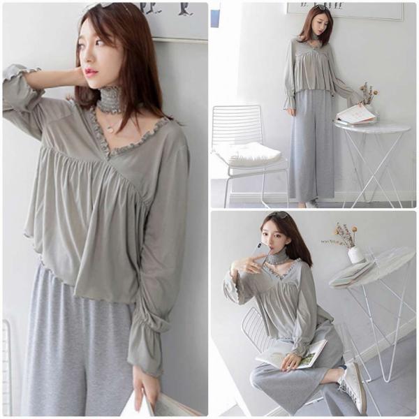 レディース　Vネック　ブラウス　無地　シンプル　長袖　シャツ　ボリュームスリーブ　トップス　カジュアル　キュート　可愛い　フェミニン　きれいめ　上品　エレガント　おしゃれ　お出かけ　オフィス　デート　デイリー　グリーン　フリーサイズ　ワンサイズ　送料無料