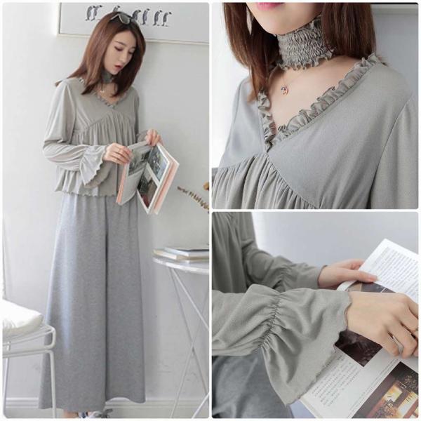 レディース　Vネック　ブラウス　無地　シンプル　長袖　シャツ　ボリュームスリーブ　トップス　カジュアル　キュート　可愛い　フェミニン　きれいめ　上品　エレガント　おしゃれ　お出かけ　オフィス　デート　デイリー　グリーン　フリーサイズ　ワンサイズ　送料無料