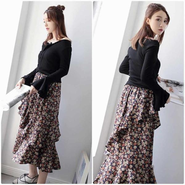 レディース　ブラウス　フリル　フレアスリーブ　無地　シンプル　長袖　シャツ　ボリュームスリーブ　トップス　カジュアル　キュート　可愛い　フェミニン　きれいめ　上品　エレガント　おしゃれ　お出かけ　オフィス　デート　デイリー　ブラック　送料無料