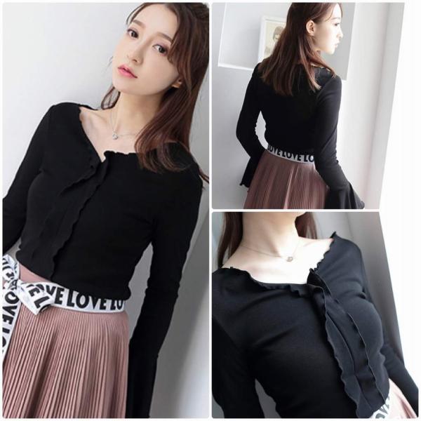 レディース　ブラウス　フリル　フレアスリーブ　無地　シンプル　長袖　シャツ　ボリュームスリーブ　トップス　カジュアル　キュート　可愛い　フェミニン　きれいめ　上品　エレガント　おしゃれ　お出かけ　オフィス　デート　デイリー　ブラック　送料無料