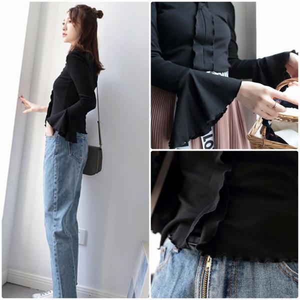 レディース　ブラウス　フリル　フレアスリーブ　無地　シンプル　長袖　シャツ　ボリュームスリーブ　トップス　カジュアル　キュート　可愛い　フェミニン　きれいめ　上品　エレガント　おしゃれ　お出かけ　オフィス　デート　デイリー　ブラック　送料無料