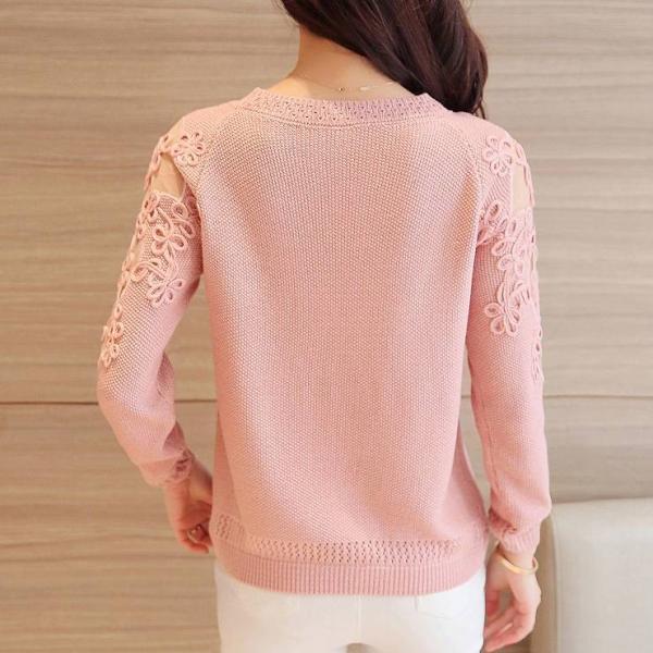 レディース　トップス　ニット　セーター　ラウンドネック　長袖　レース　無地　カジュアル　大人可愛い　フェミニン　オフィス　お出かけ　デート　デイリー　ピンク　カーキ　ブラック　レッド　オフホワイト　フリーサイズ　送料無料