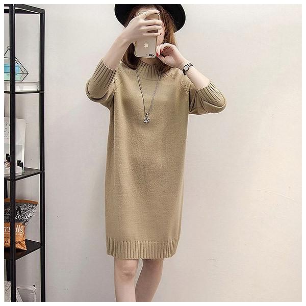 レディース　ニット　ワンピース　長袖　ハイネック　無地　ミニワンピ　ゆったり　カジュアル　大人可愛い　フェミニン　オフィス　お出かけ　デート　デイリー　ブラウン　ブラック　ホワイト　グリーン　フリーサイズ　送料無料