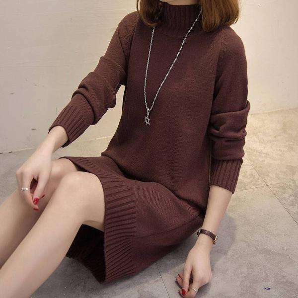 レディース　ニット　ワンピース　長袖　ハイネック　無地　ミニワンピ　ゆったり　カジュアル　大人可愛い　フェミニン　オフィス　お出かけ　デート　デイリー　ブラウン　ブラック　ホワイト　グリーン　フリーサイズ　送料無料