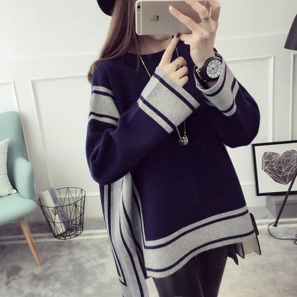 レディース　トップス　ニット　セーター　ラウンドネック　長袖　ゆったり　バイカラー　テールカット　カジュアル　大人可愛い　フェミニン　オフィス　お出かけ　デート　デイリー　ネイビー　レッド　グレー　フリーサイズ　送料無料