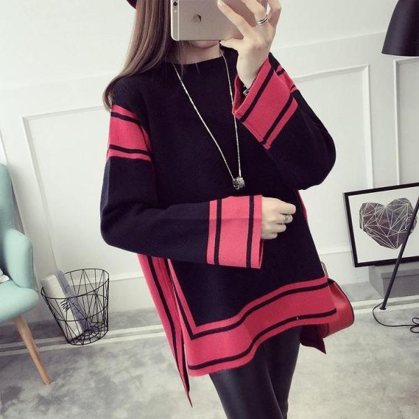 レディース　トップス　ニット　セーター　ラウンドネック　長袖　ゆったり　バイカラー　テールカット　カジュアル　大人可愛い　フェミニン　オフィス　お出かけ　デート　デイリー　ネイビー　レッド　グレー　フリーサイズ　送料無料